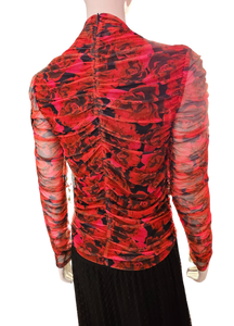 Women's Floral Red and Black Long Sleeve Draped Top