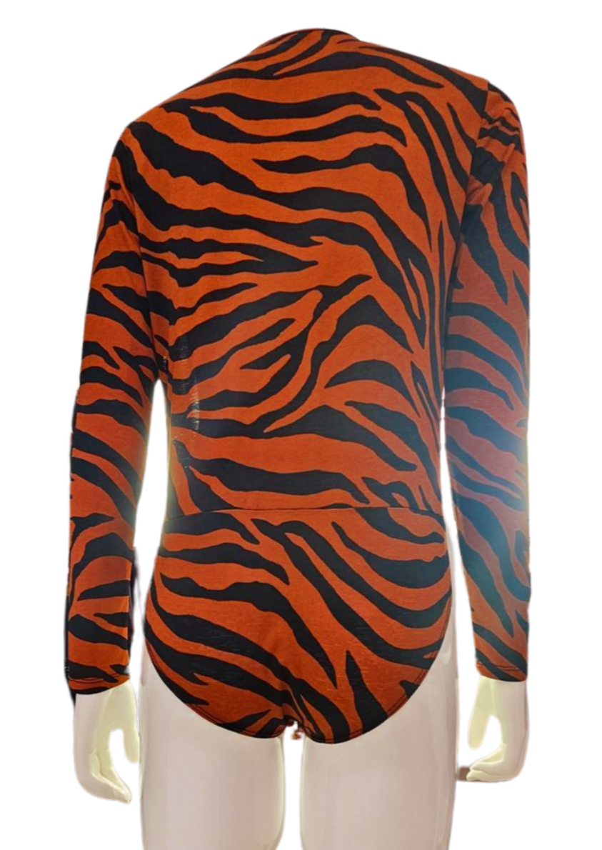 Women's Terracota and Black Zebra Print Long Sleeve Body Suit