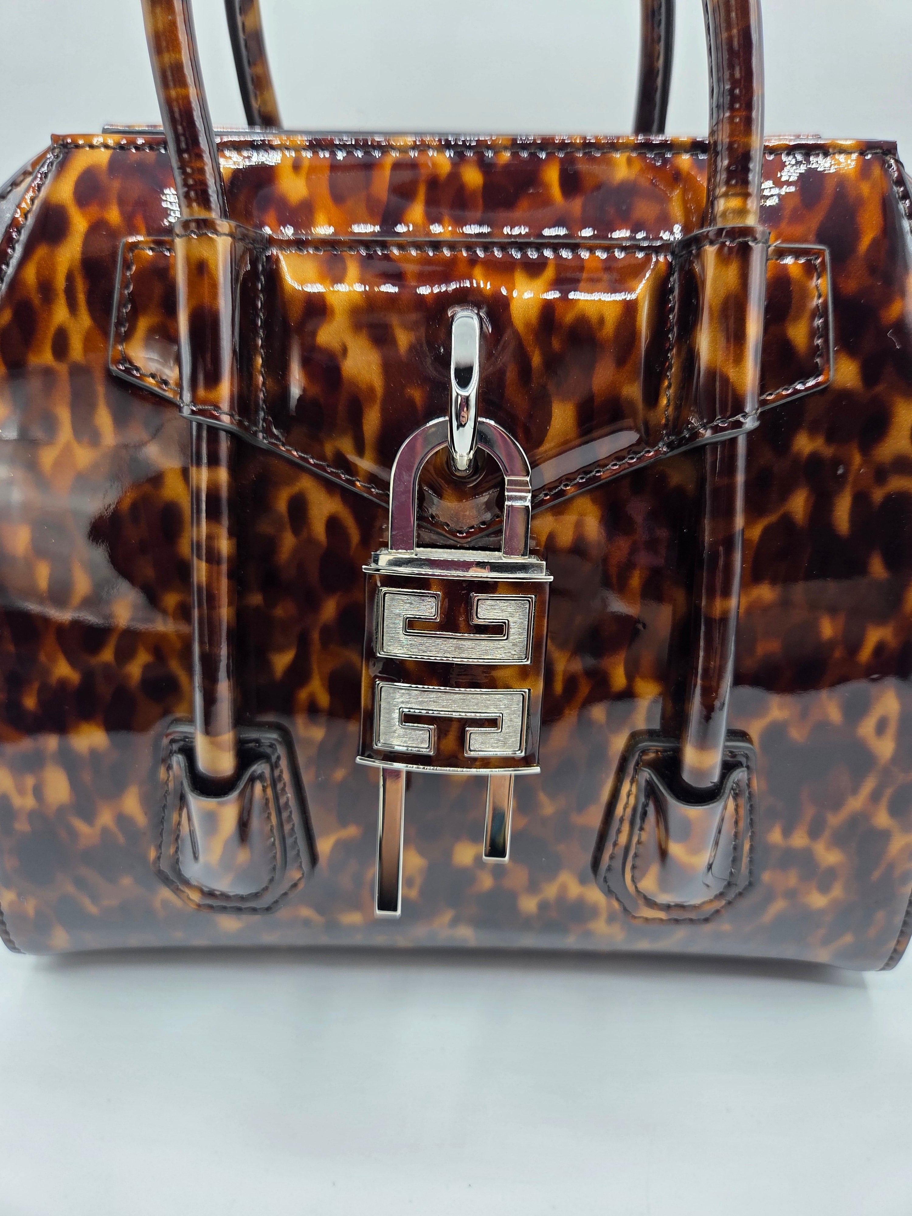 Women's Animal Print Patent Leather Mini Antigona Lock Bag