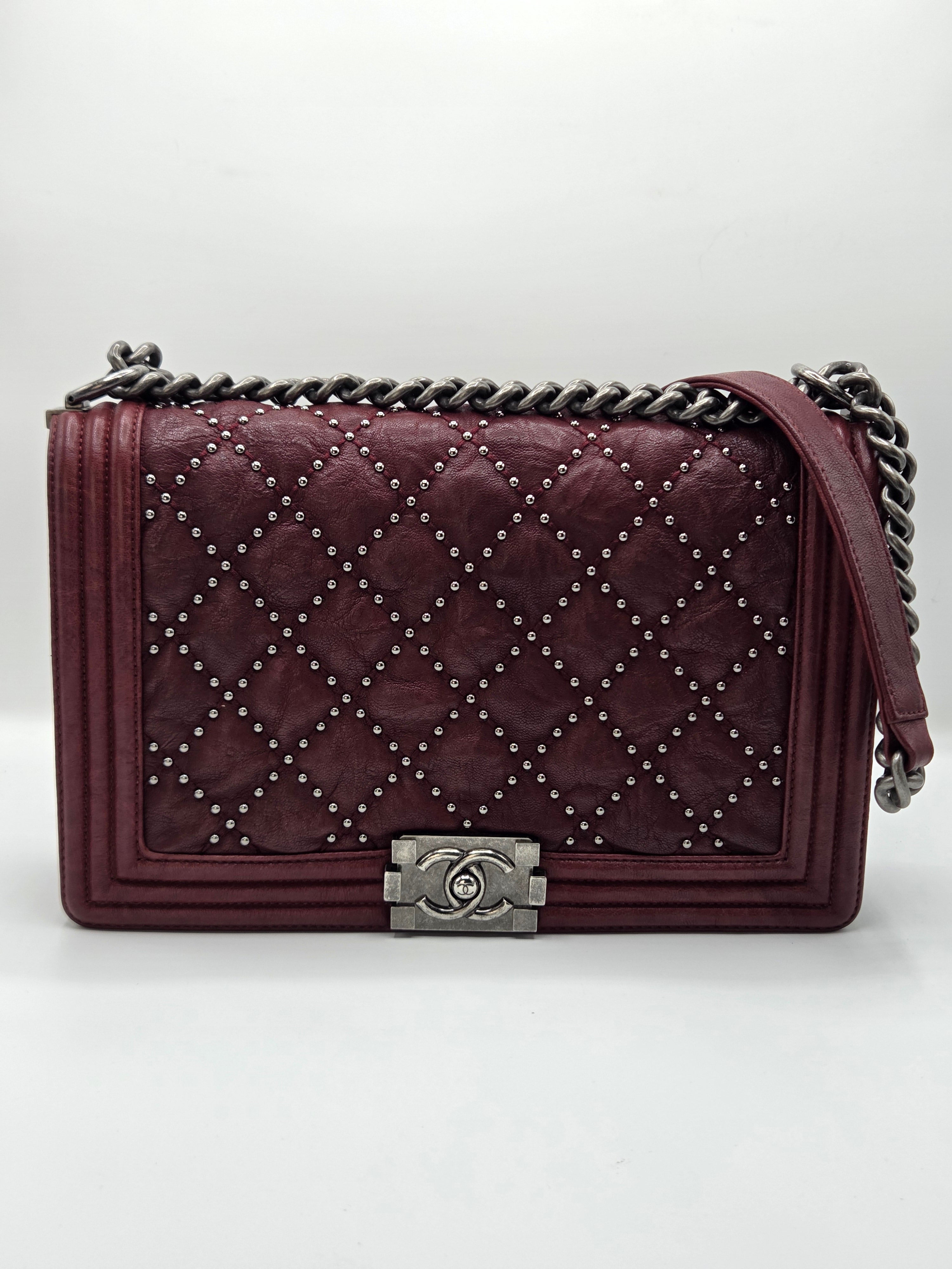 Women's Red Studded Leather New Medium Boy Bag