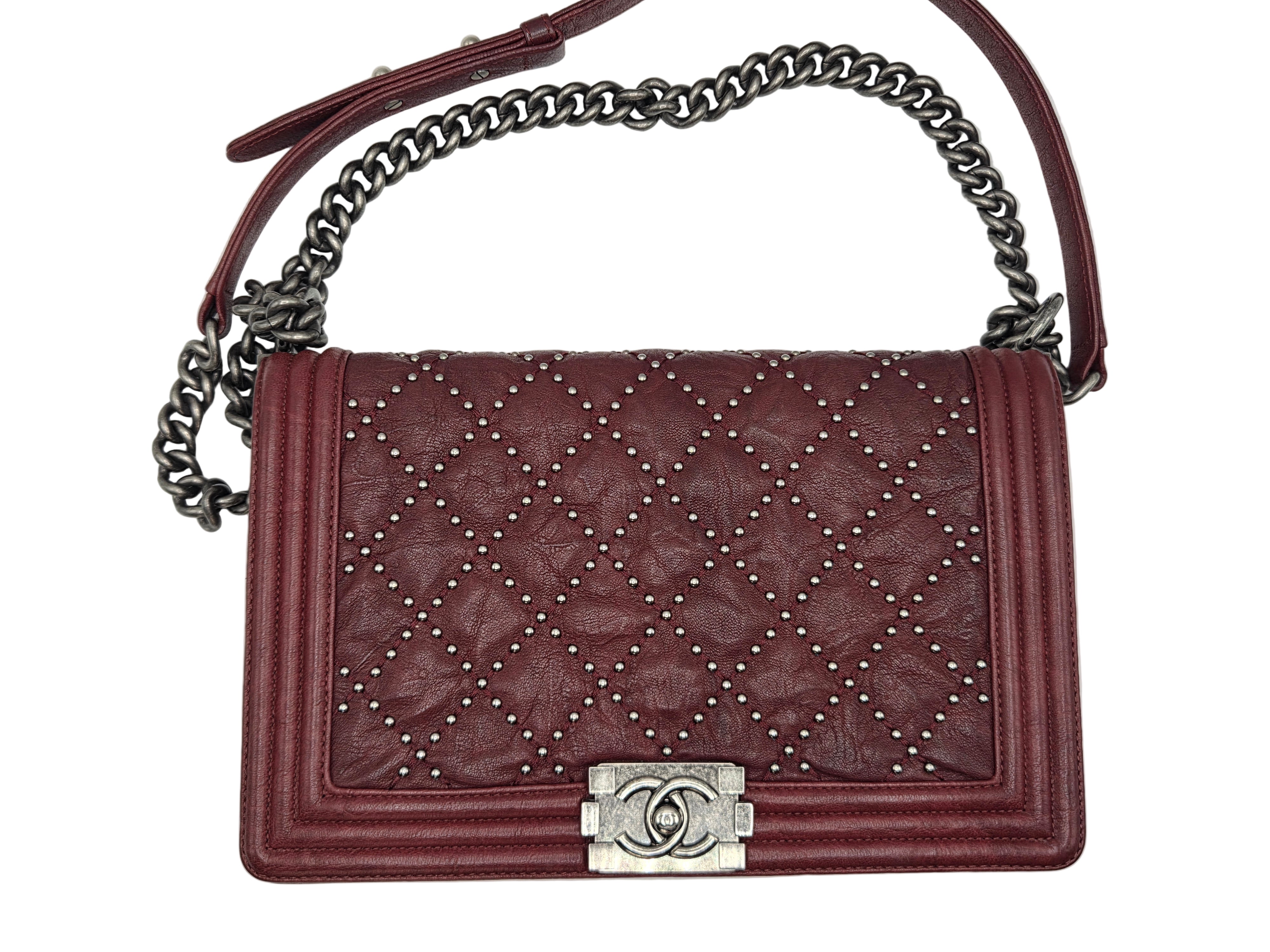 Women's Red Studded Leather New Medium Boy Bag