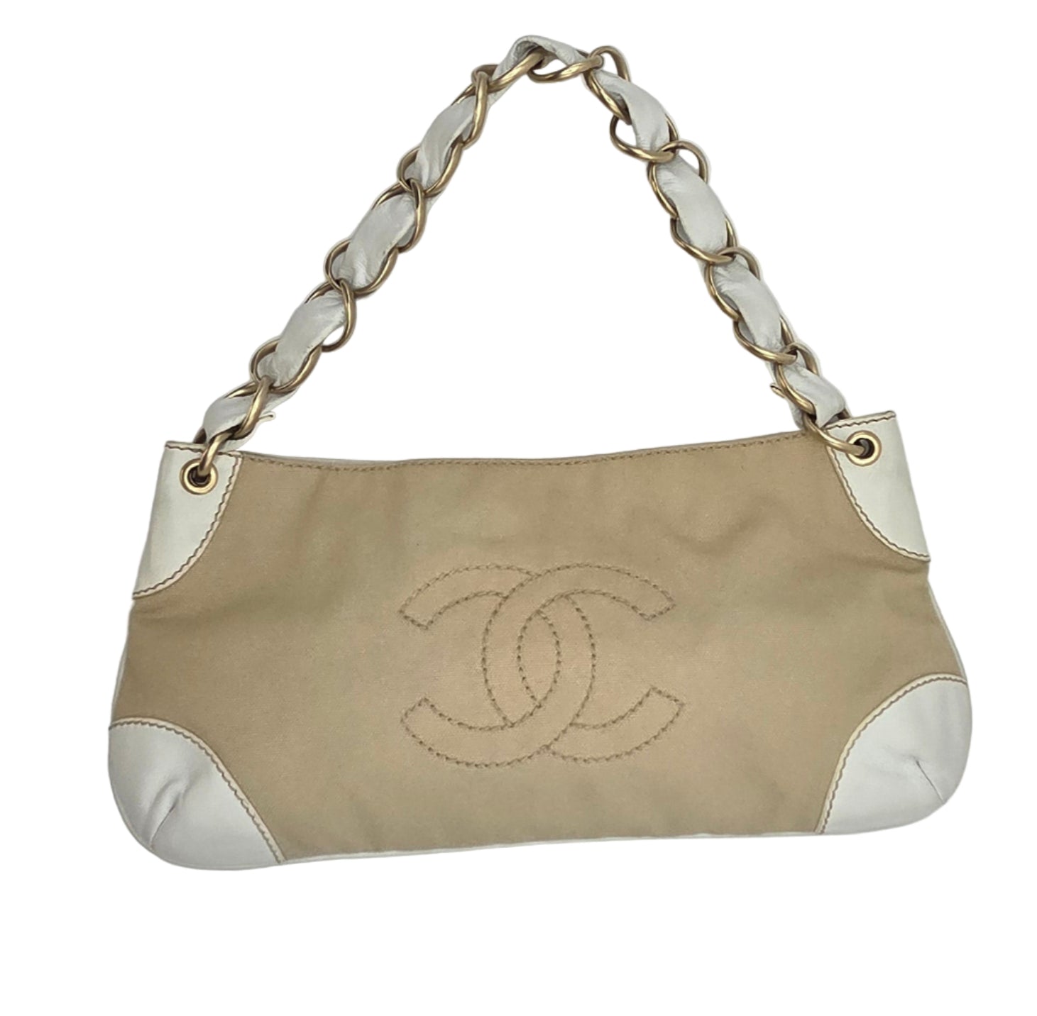Women's Beige/White Canvas Large Pochette Bag
