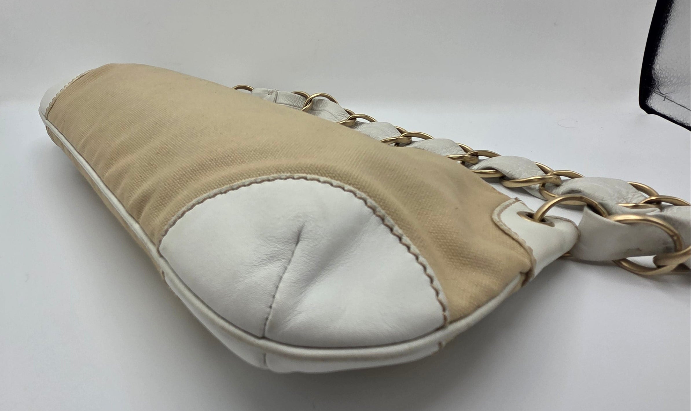 Women's Beige/White Canvas Large Pochette Bag