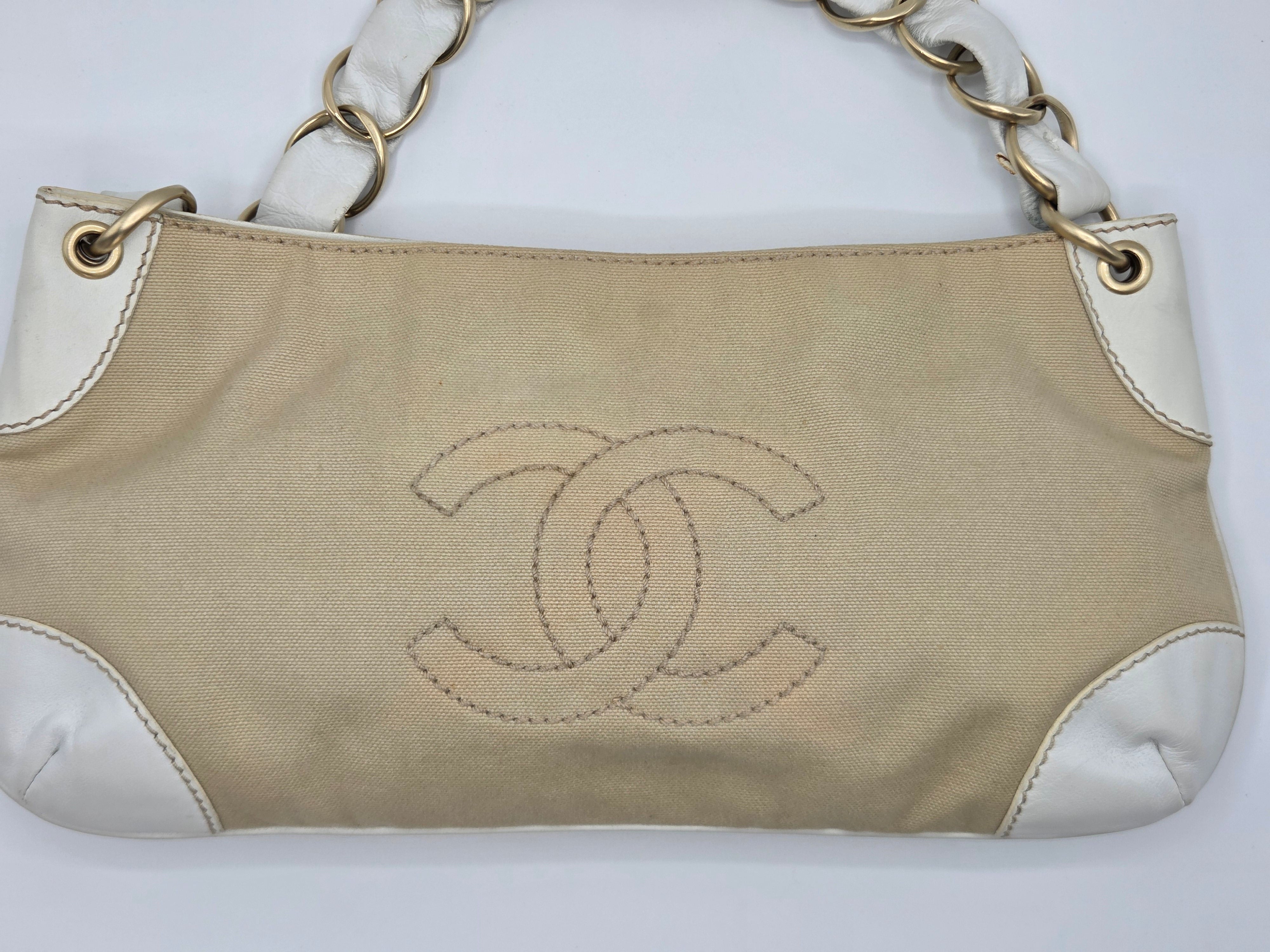 Women's Beige/White Canvas Large Pochette Bag