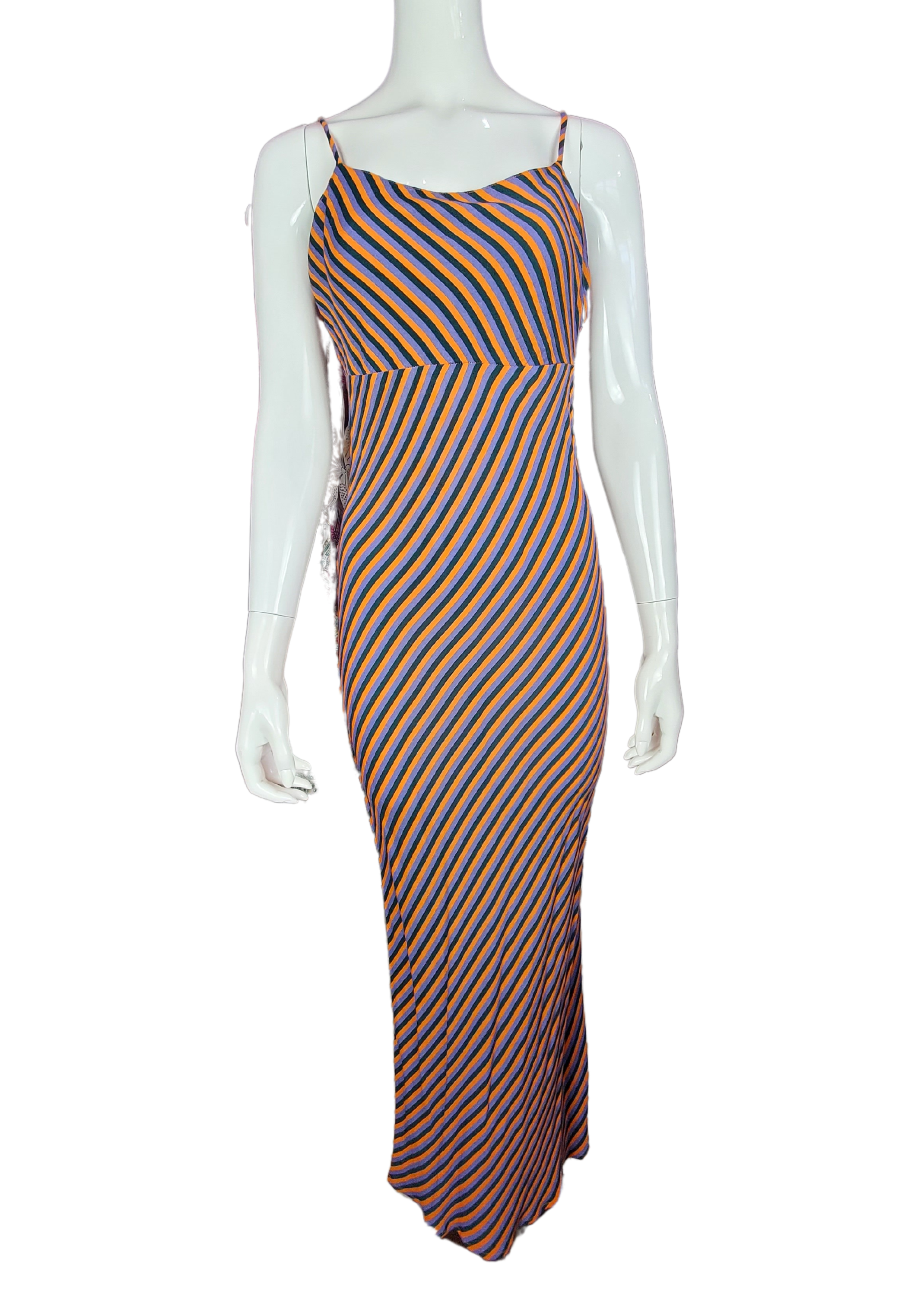 Women's Rayon Stripped Orange, Purple and Black Maxi Dress