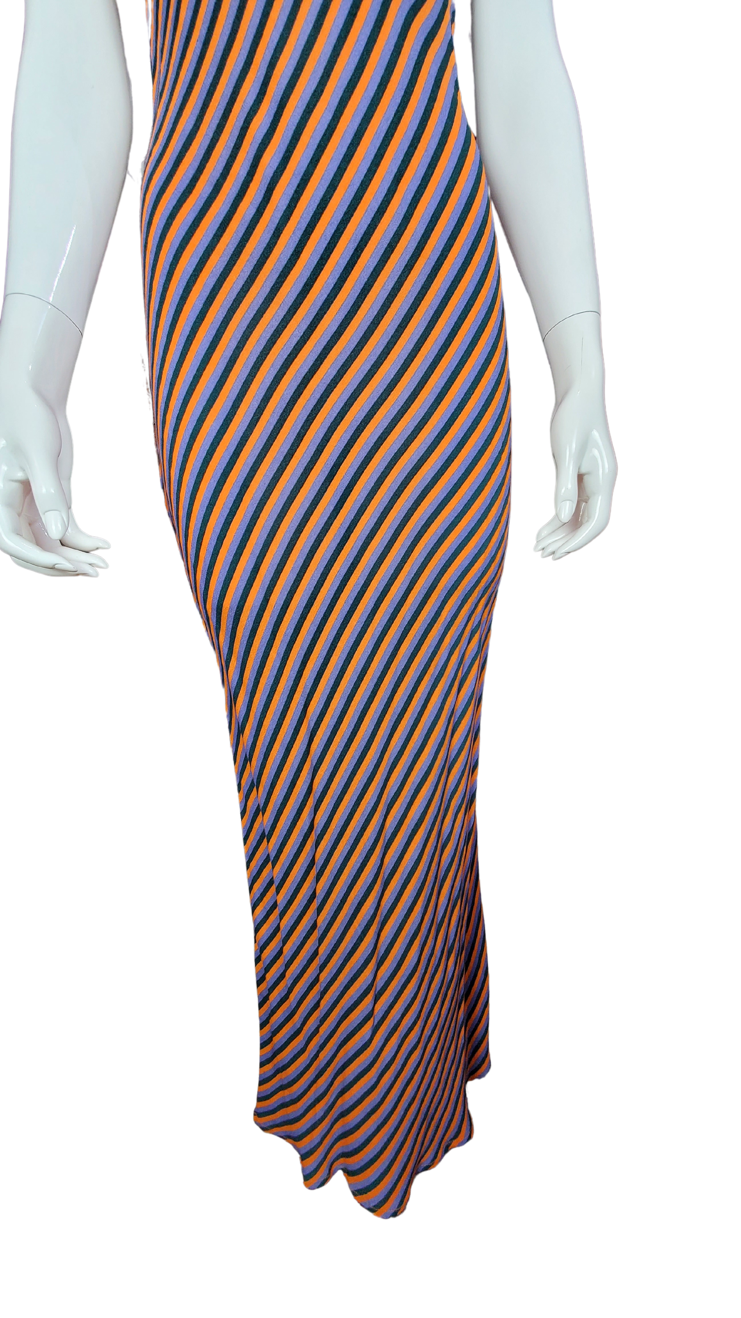 Women's Rayon Stripped Orange, Purple and Black Maxi Dress