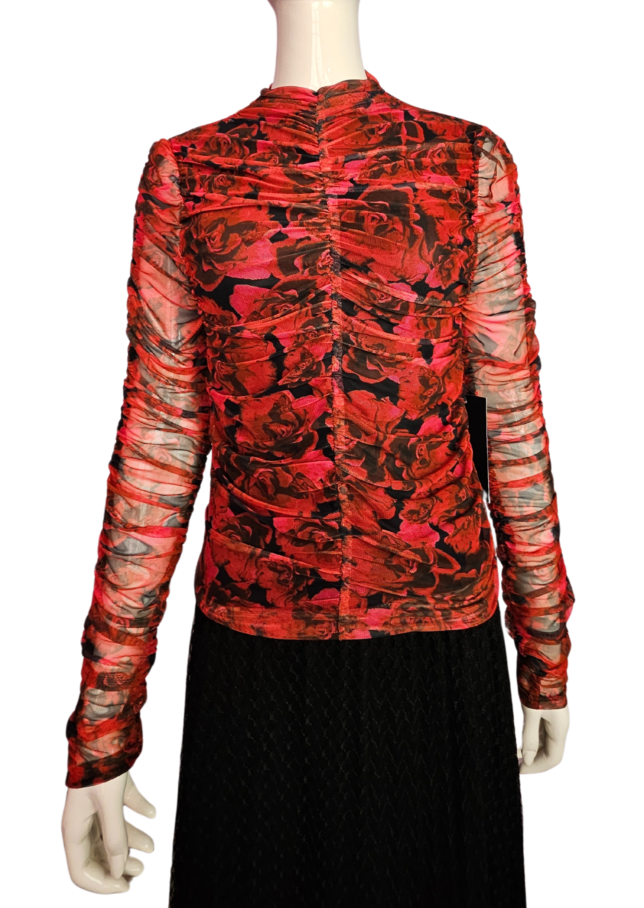 Women's Floral Red and Black Long Sleeve Draped Top