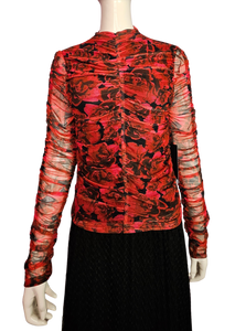 Women's Floral Red and Black Long Sleeve Draped Top