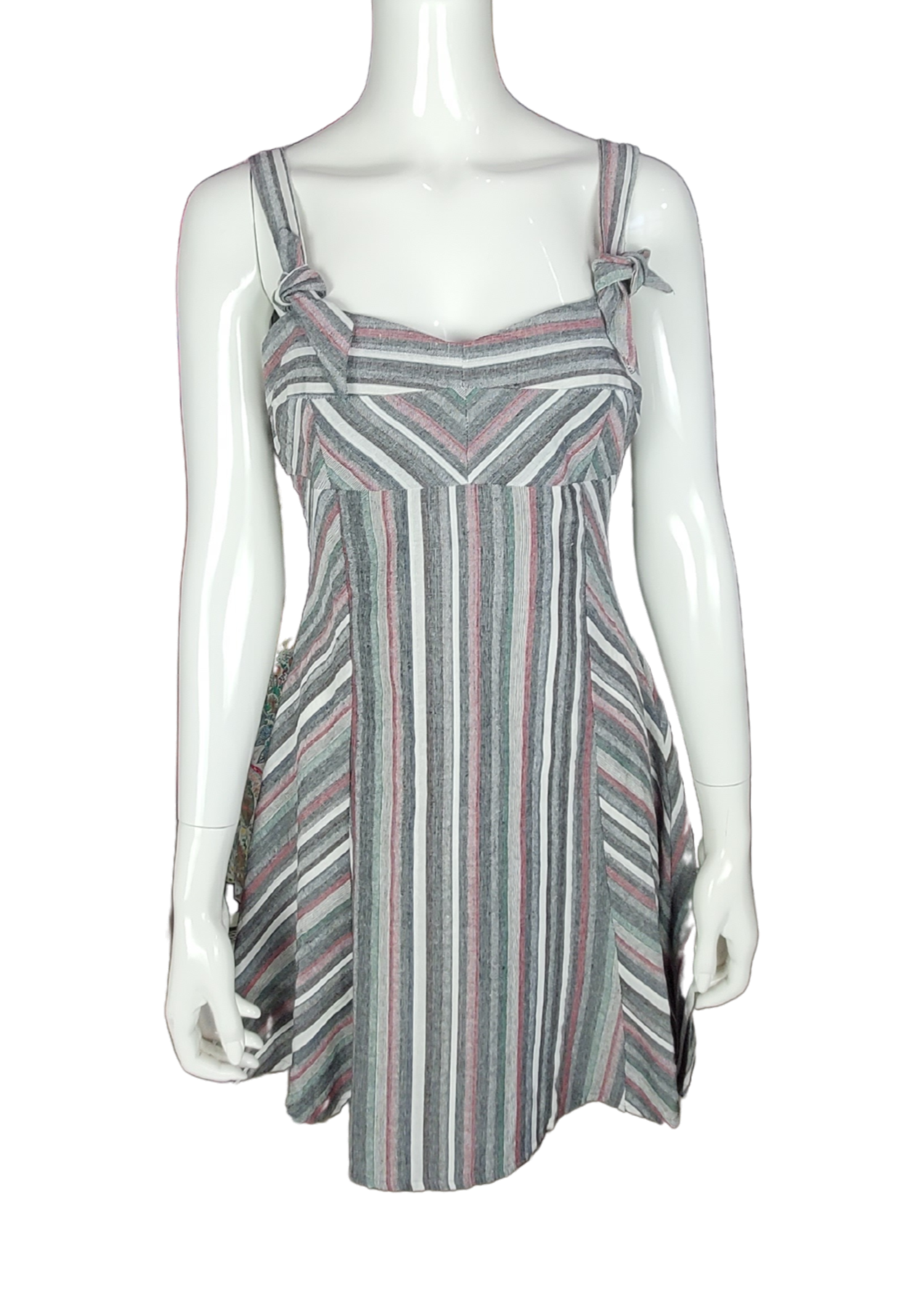 Women's Linen Stripped Gray, White and Pink Summer Dress