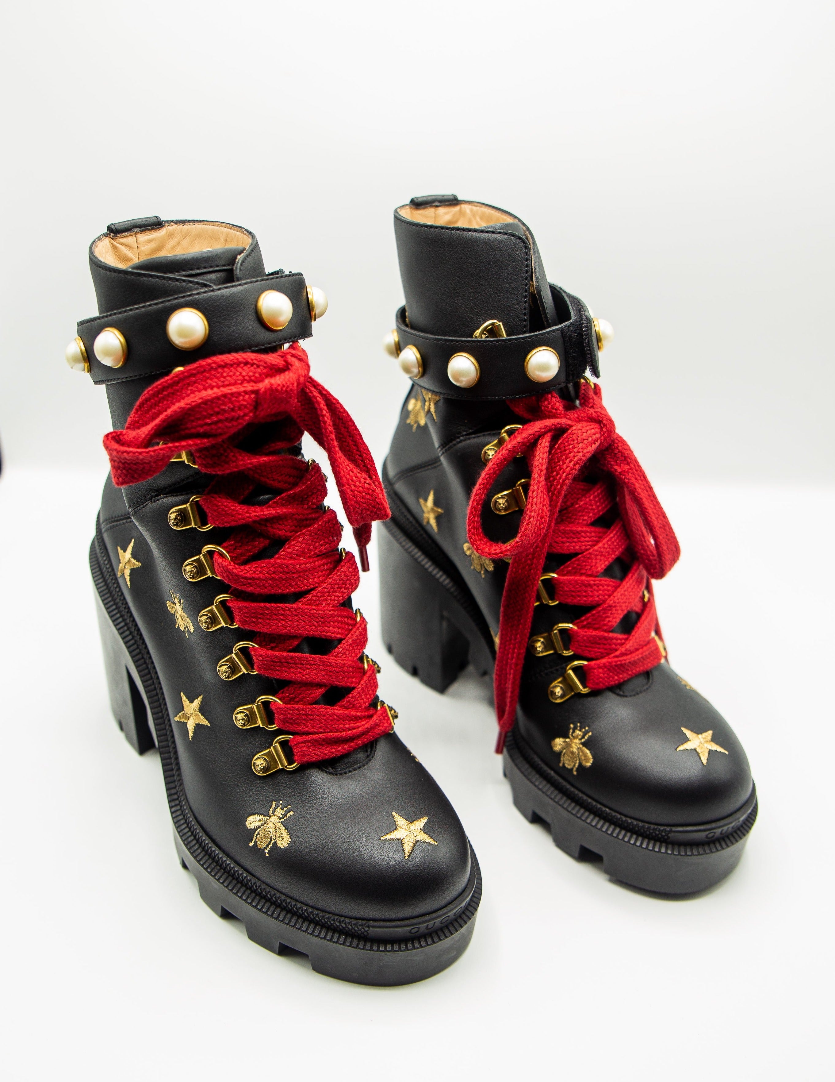 Women s Combat Boot Black with Bees and Stars Wow Me More