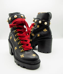 Women's Combat Boot Black with Bees and Stars