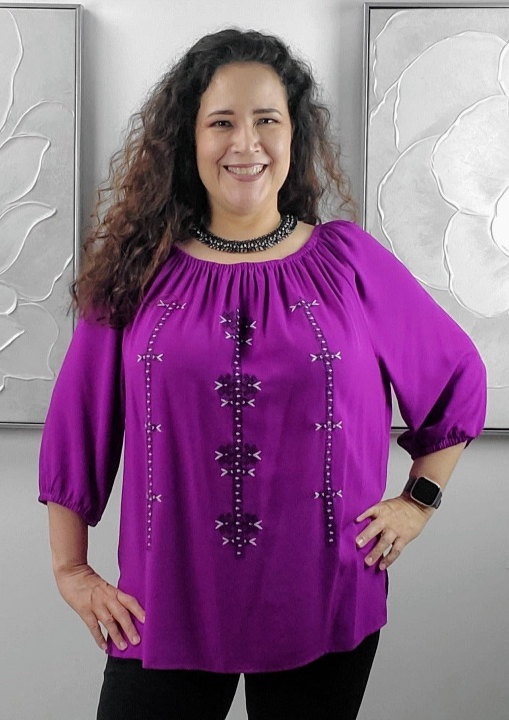Women's Three Quarter Sleeve Magenta Top with White and Purple Applications