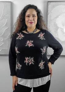 Women's Long Sleeve Black Sweater with Flowers Application