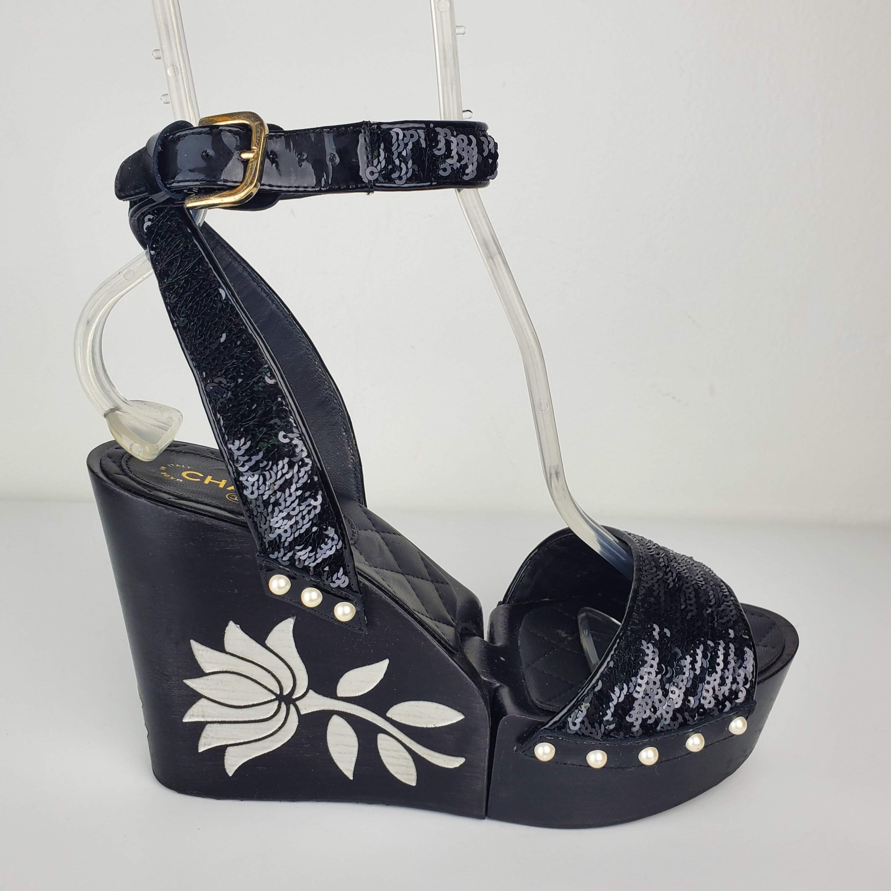 Prada - Black Patent Leather T-Strap Wedge Sandals w/ Ankle Strap