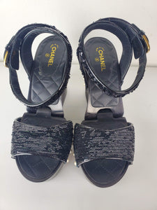 Women's Black Sequin Wedge Sandals