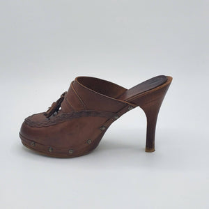 Women's Swedish leather slide on pumps with wooden heel