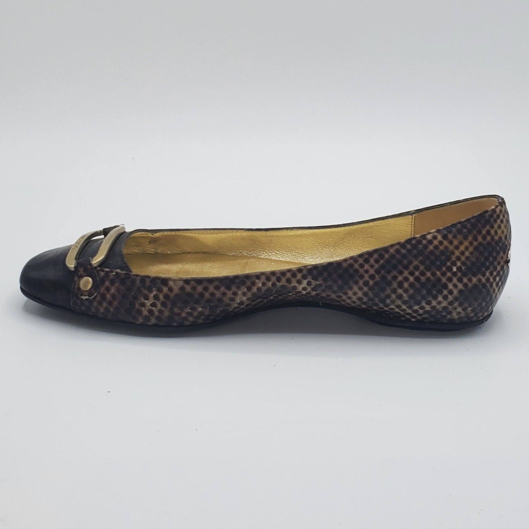 Women's Snake Print Flats with Gold Metal Details